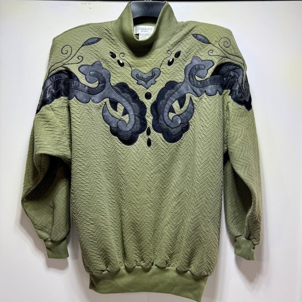 Adolfo Sport Women's M Green Textured Sweater Black Faux‎ Leather Embellishments